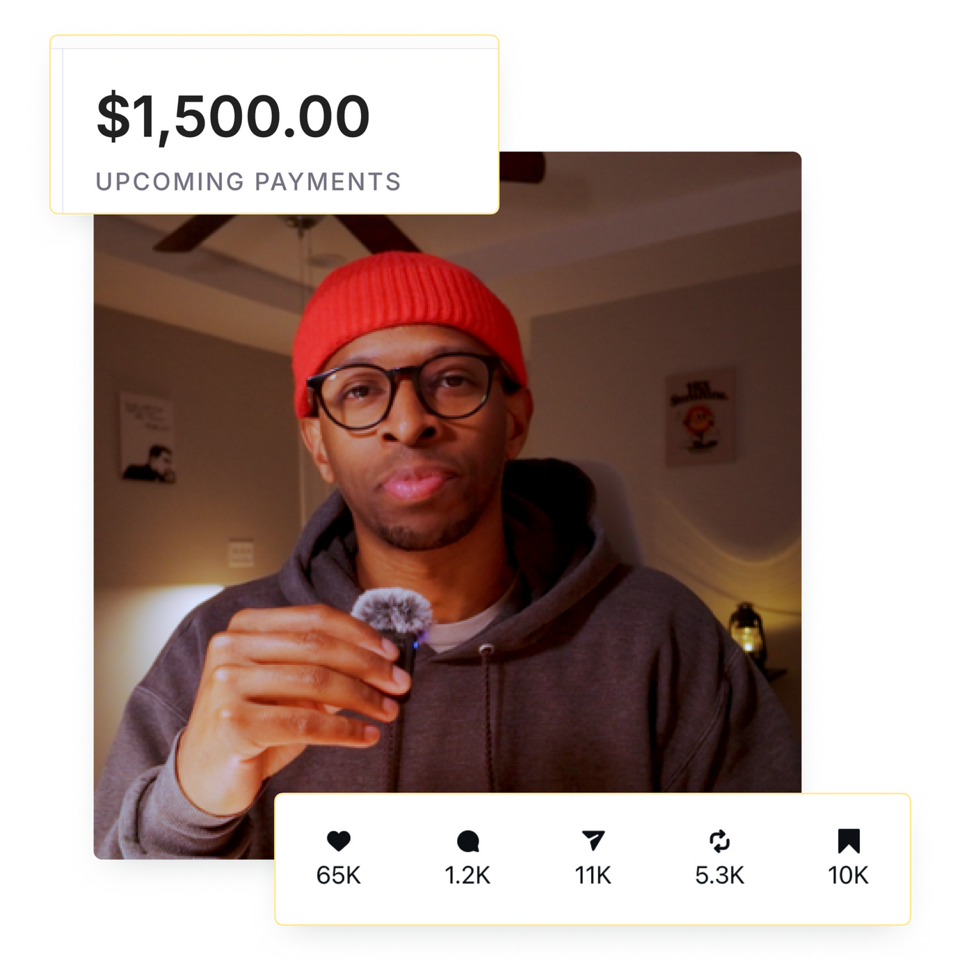 Graphic showing Kevin Horton with a $1,500 payment from a brand deal and high engagement metrics from a carousel post
